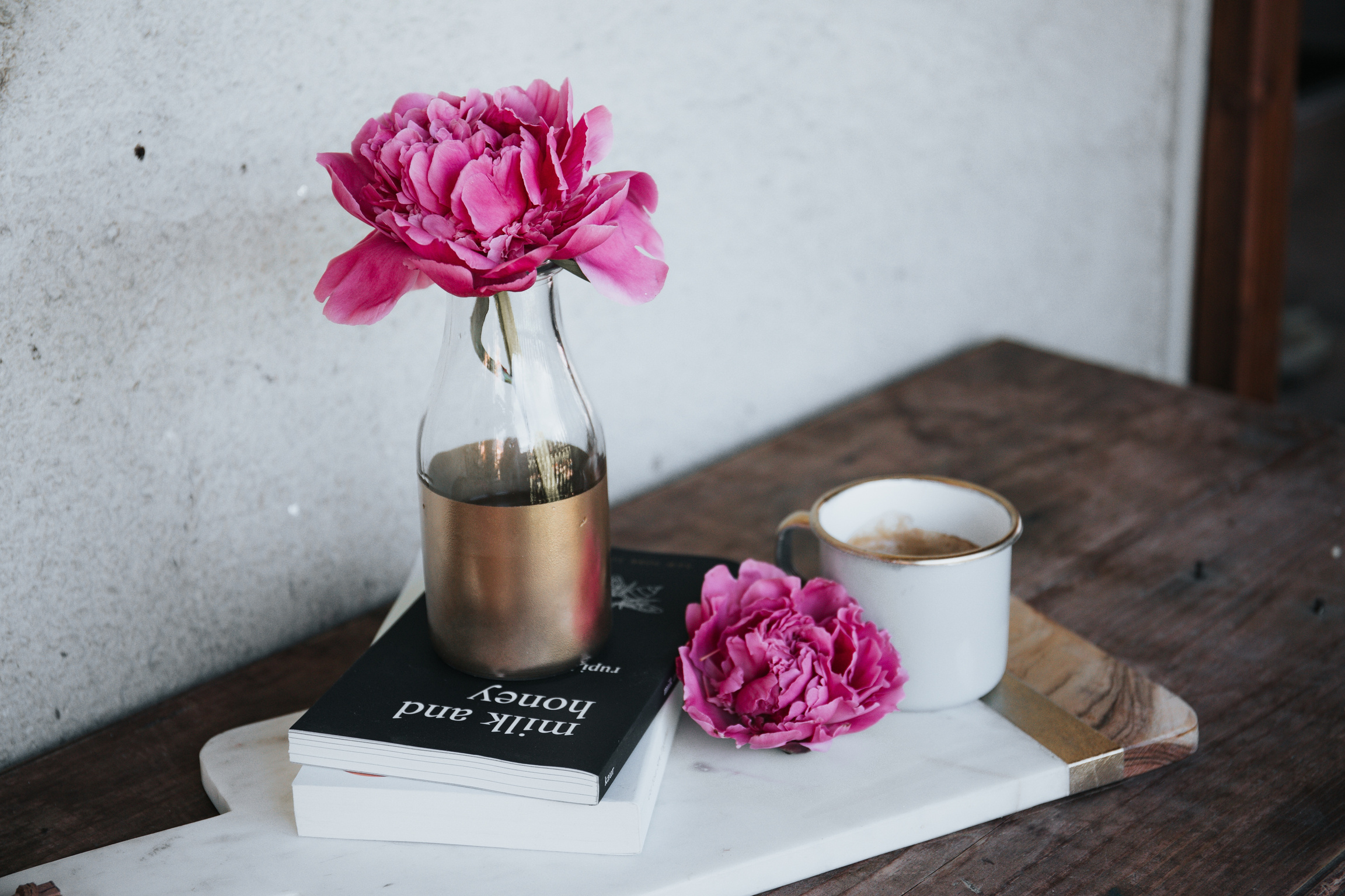Beautiful Flowers with Books and Coffee